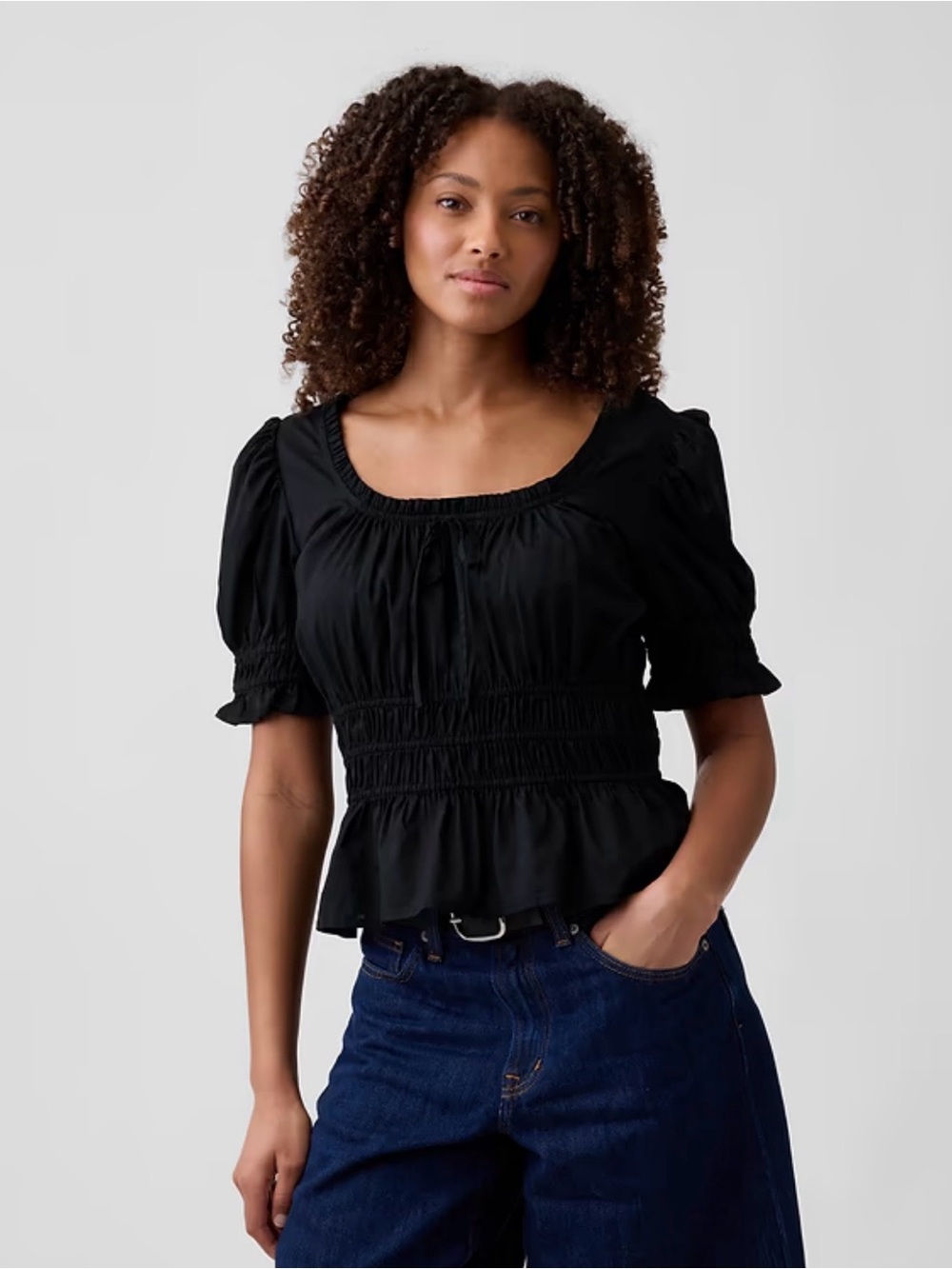 Like new Gap Black Smocked Puff-Sleeve Peplum Top size S. Very flattering.